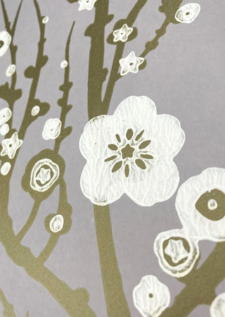 Blossom Branch White & Gold on Pale Grey