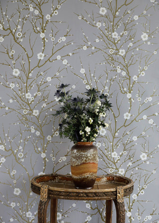 Blossom Branch White & Gold on Pale Grey