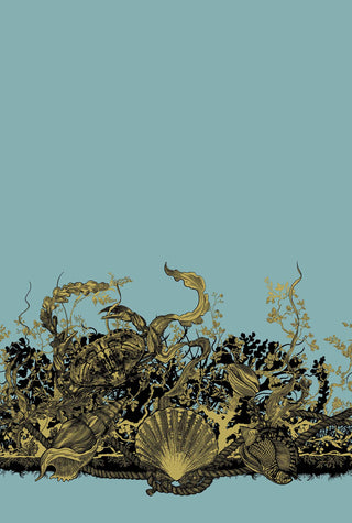 Shell & Crab Velvet Black & Pale Gold on Sea Blue